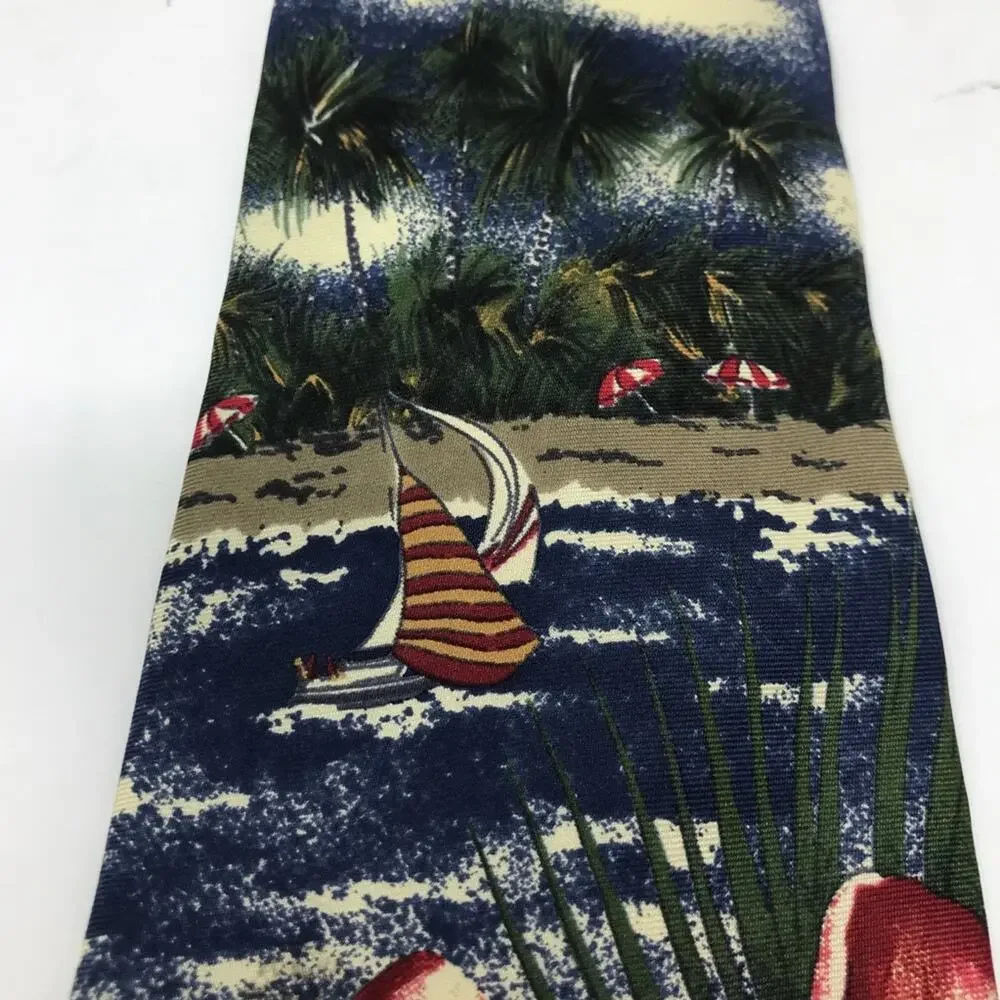 Oscar de la Renta Neckwear Silk Tie-Beach Scene, Plumeria, Boats, Palms